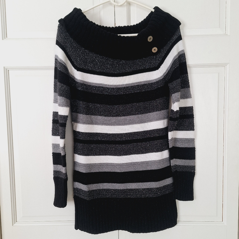 White House Black Market Black, White & Gray Striped Cowl-Neck Sweater